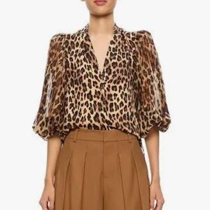 Alice + Olivia Ilan Leopard Print Pleated Blouson Sleeve Blouse SZ L NWT